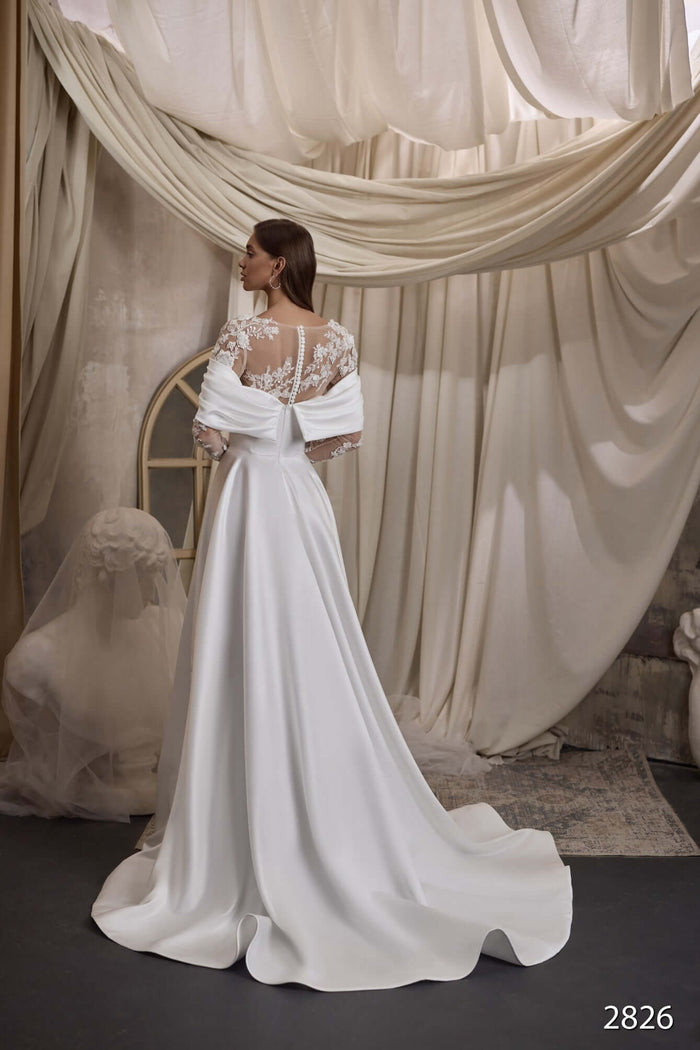 A-line wedding dress with train, wedding dress with train, ivory wedding dress, Ottawa bridal boutique, satin wedding dress