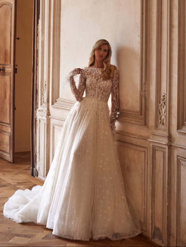  ball bridal gown,
aline dress,
aline wedding dress with long train,
aline wedding dress with long sleeves,
aline wedding dress,
