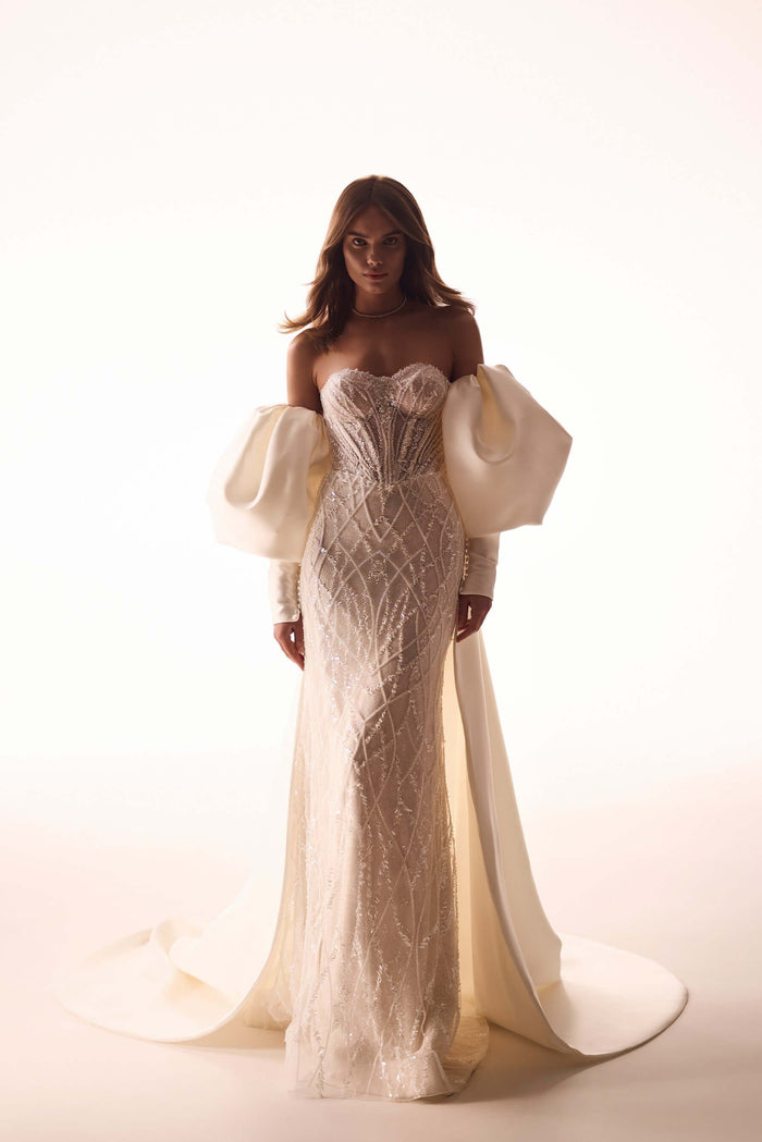puffy sleeves,fit and flare dress ottawa,fit and flare wedding dress,fit and flare,mikado dress,crepe wedding dress, mermaid wedding dress