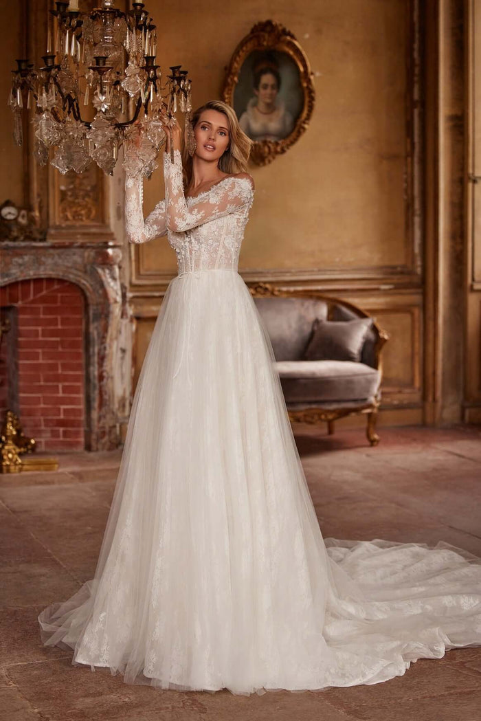 Grace - Lace Corset Wedding Gown, elegant nude A-line lace wedding gown with Chantilly lace corset and long sleeves.
