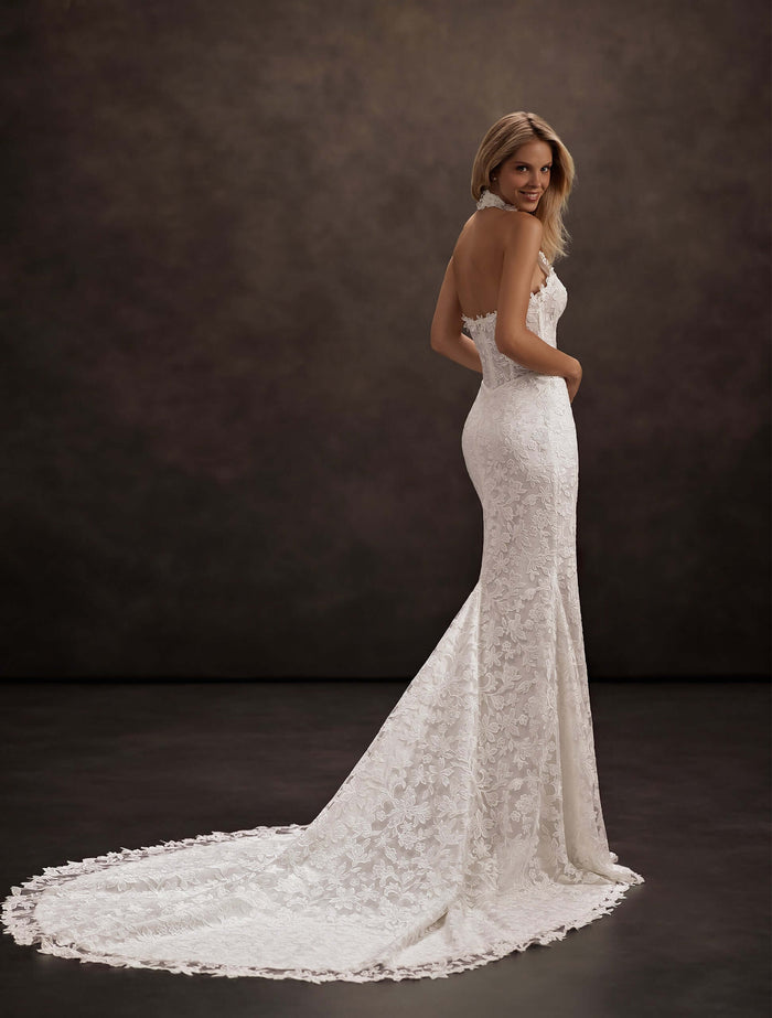fit and flare lace wedding dress, halter neckline wedding dress, low back lace wedding dress, cathedral train wedding dress, basque waist wedding dress, corset bodice wedding dress, floral lace bridal gown, fitted lace mermaid wedding dress, modern romantic wedding dress, elegant lace bridal gown