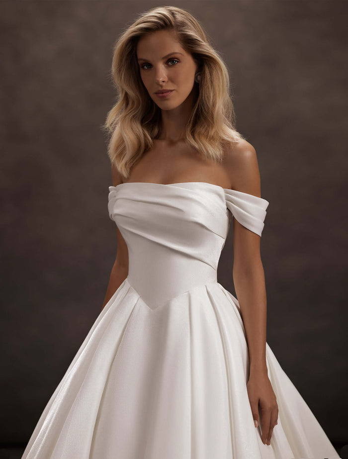 satin wedding dress, satin ball gown, off-the-shoulder bridal gown, basque waist wedding dress, strapless bridal gown, pleated bodice wedding dress, classic princess wedding dress, cathedral train wedding gown, minimalist bridal dress, elegant satin wedding gown