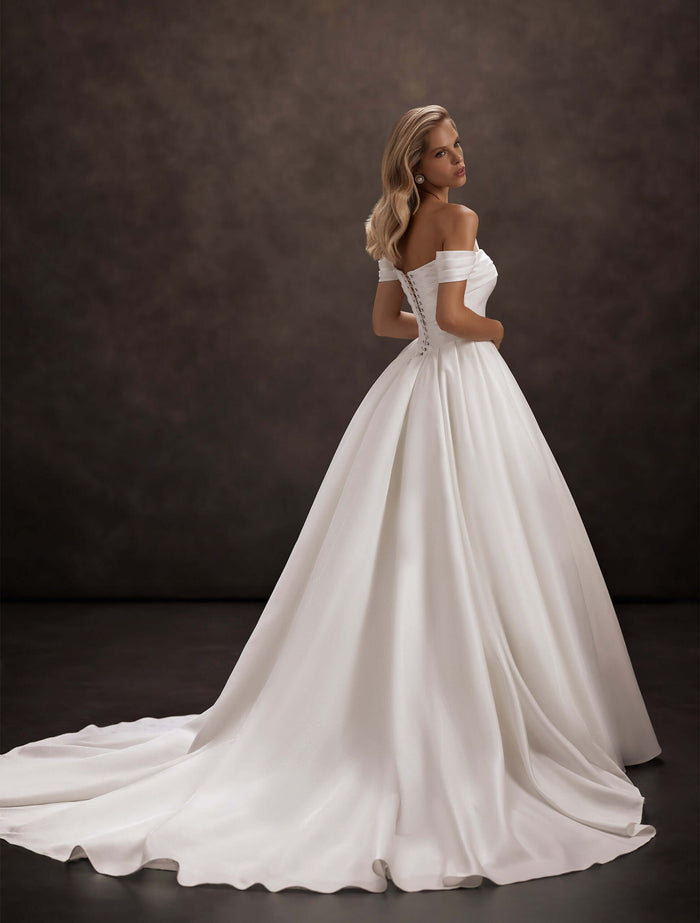 satin wedding dress, satin ball gown, off-the-shoulder bridal gown, basque waist wedding dress, strapless bridal gown, pleated bodice wedding dress, classic princess wedding dress, cathedral train wedding gown, minimalist bridal dress, elegant satin wedding gown