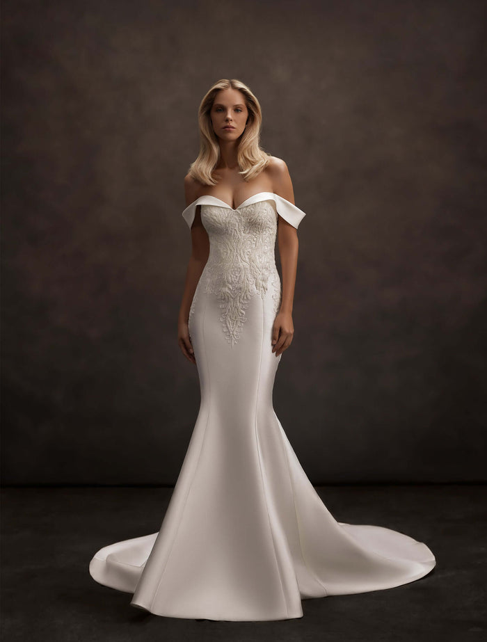 satin wedding dress, removable overskirt train, detachable train, off-the-shoulder neckline, sweetheart corset bodice, fitted mermaid silhouette, lace appliqué bodice, bridal gown with train, elegant minimalist wedding dress, modern bridal fashion