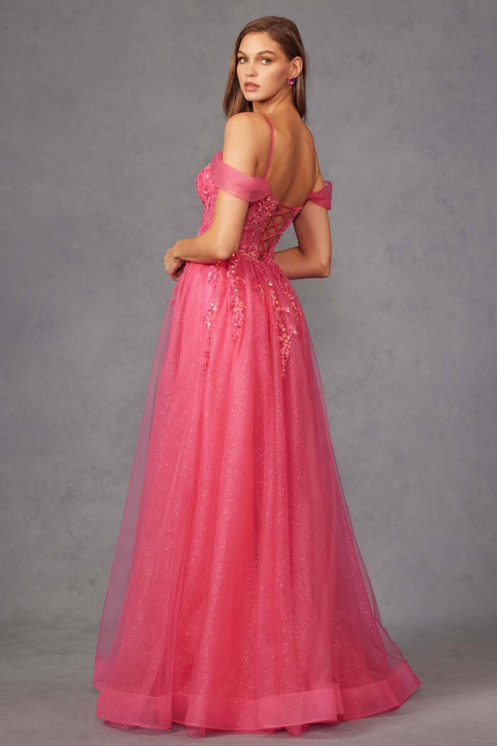 J2466 - Aline Lace Off the Shoulder Prom Dress in pink, showcasing elegant tulle and lace design from the back.