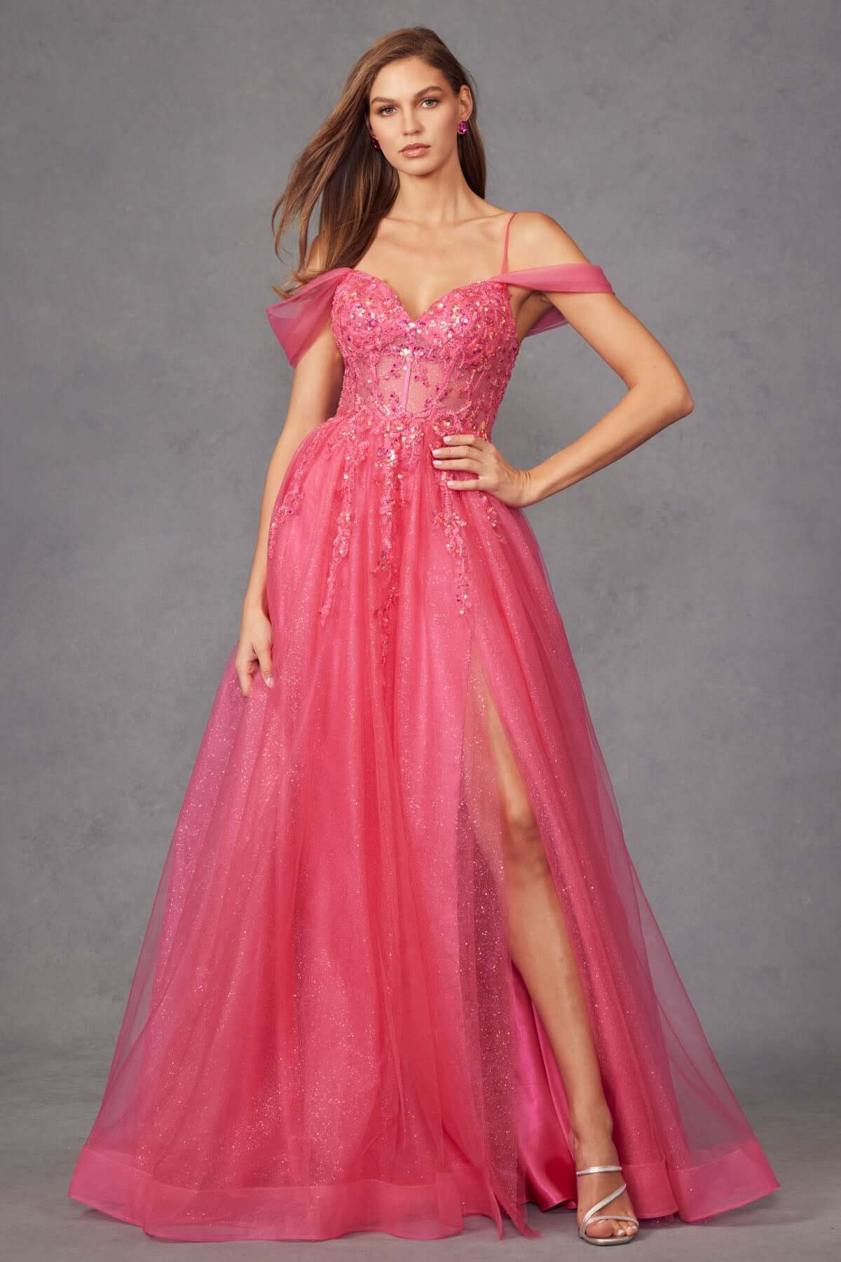 J2466 - Aline lace off the shoulder prom dress in pink tulle with a high slit and sequins.