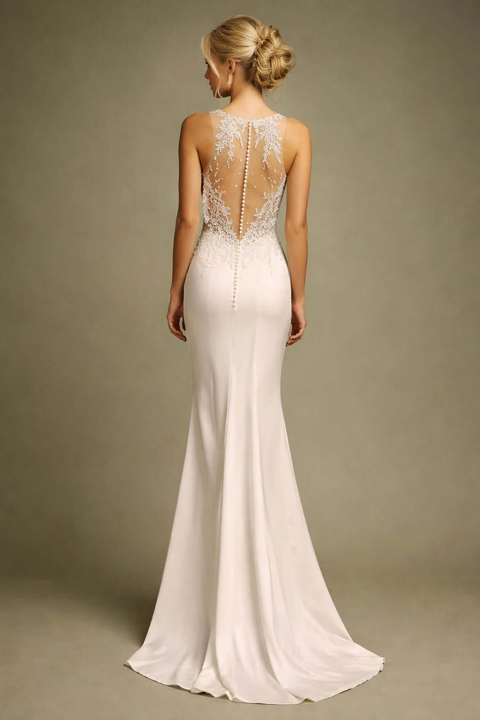 Jolly - Halter Satin Fitted Dress - Size 8, back view with lace detailing in off-white satin.