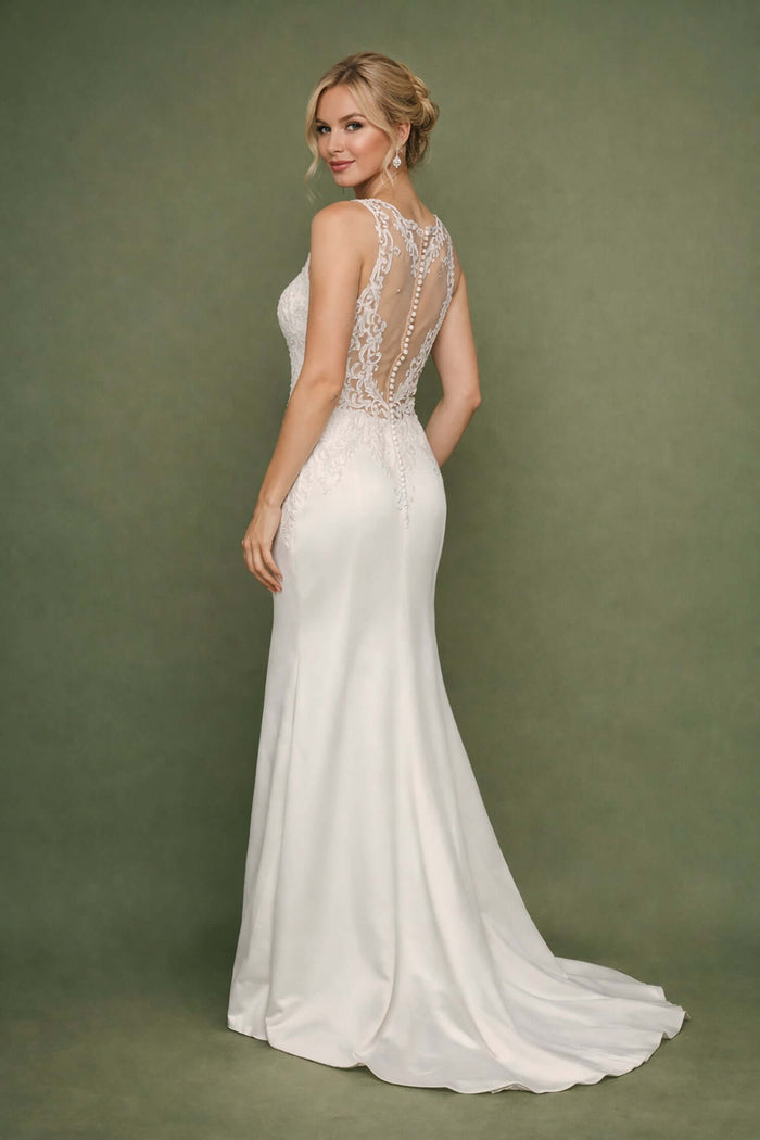 Jolly - Halter Satin Fitted Dress - Size 8 displayed from the back with lace neckline and elegant fit, in off-white satin.