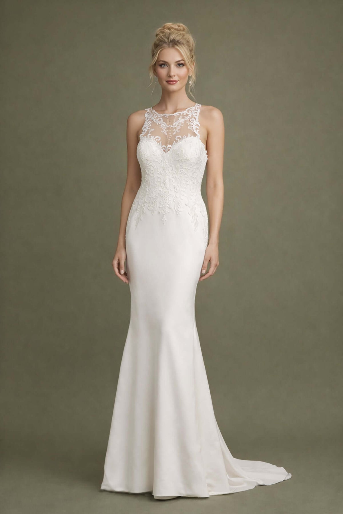 Jolly - Halter Satin Fitted Dress - Size 8, off-white sample sale wedding dress, stretch satin with lace neckline.