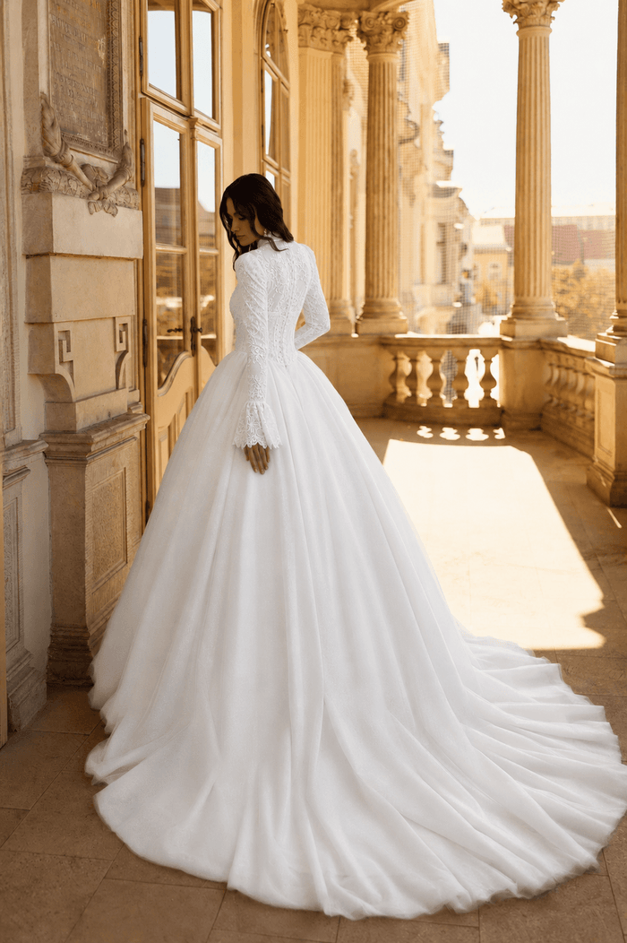 modest wedding dress, high collar wedding dress, long sleeve wedding gown, non transparent wedding dress, bell sleeve wedding dress, Chantilly lace wedding dress, ball gown wedding dress, basque waist wedding dress, long train wedding dress, modest bridal gown