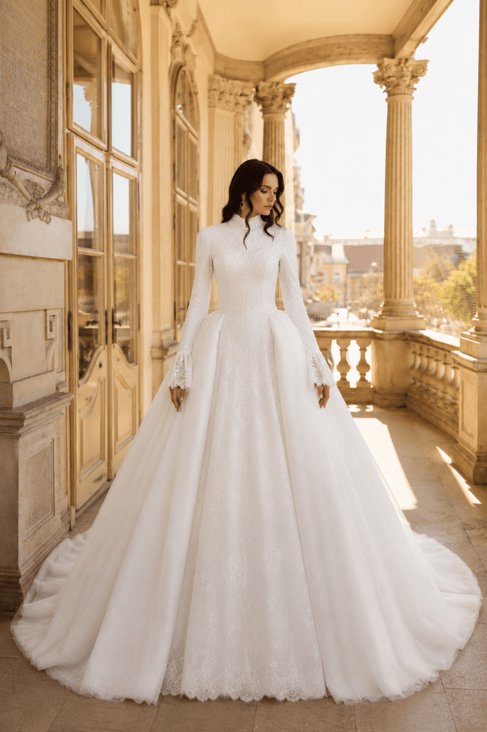 modest wedding dress, high collar wedding dress, long sleeve wedding gown, non transparent wedding dress, bell sleeve wedding dress, Chantilly lace wedding dress, ball gown wedding dress, basque waist wedding dress, long train wedding dress, modest bridal gown