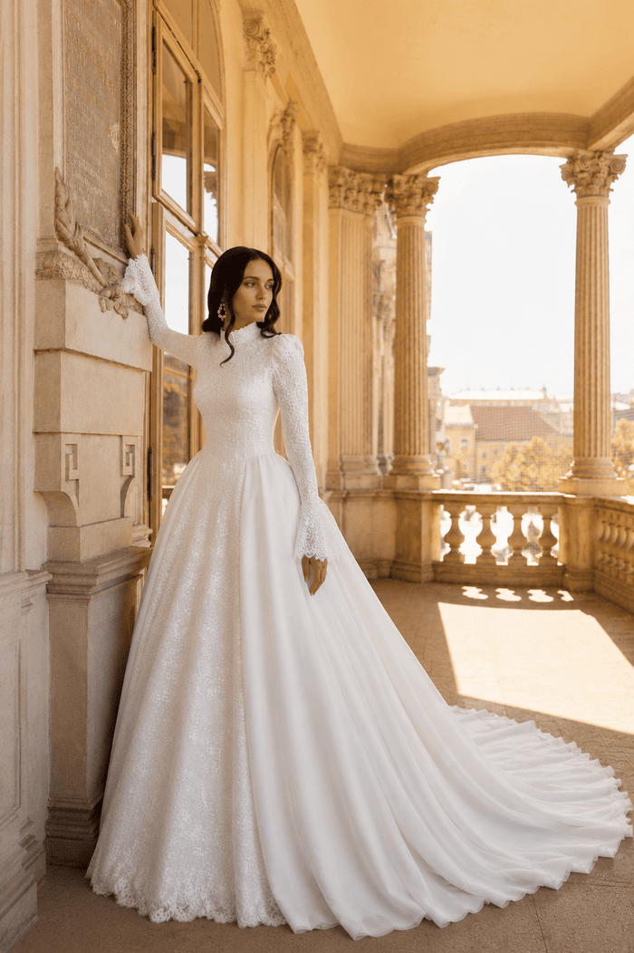 modest wedding dress, high collar wedding dress, long sleeve wedding gown, non transparent wedding dress, bell sleeve wedding dress, Chantilly lace wedding dress, ball gown wedding dress, basque waist wedding dress, long train wedding dress, modest bridal gown