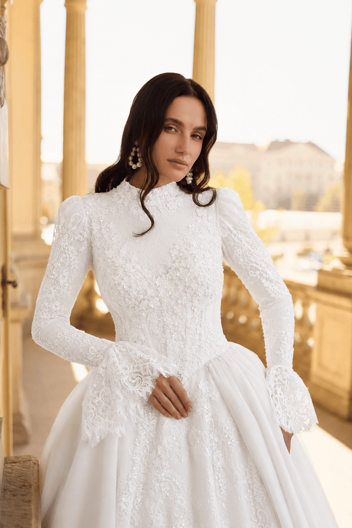 modest wedding dress, high collar wedding dress, long sleeve wedding gown, non transparent wedding dress, bell sleeve wedding dress, Chantilly lace wedding dress, ball gown wedding dress, basque waist wedding dress, long train wedding dress, modest bridal gown