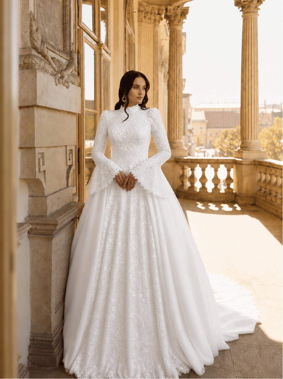 modest wedding dress, high collar wedding dress, long sleeve wedding gown, non transparent wedding dress, bell sleeve wedding dress, Chantilly lace wedding dress, ball gown wedding dress, basque waist wedding dress, long train wedding dress, modest bridal gown