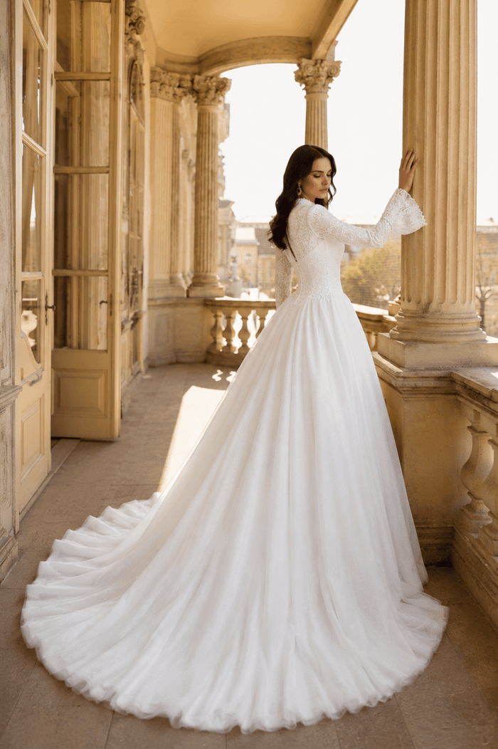modest wedding dress, high collar wedding dress, long sleeve wedding gown, non transparent wedding dress, bell sleeve wedding dress, Chantilly lace wedding dress, ball gown wedding dress, basque waist wedding dress, long train wedding dress, modest bridal gown