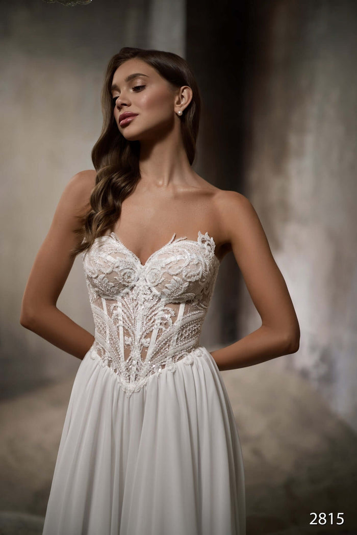 strapless wedding dress with lace corset and sweetheart neckline