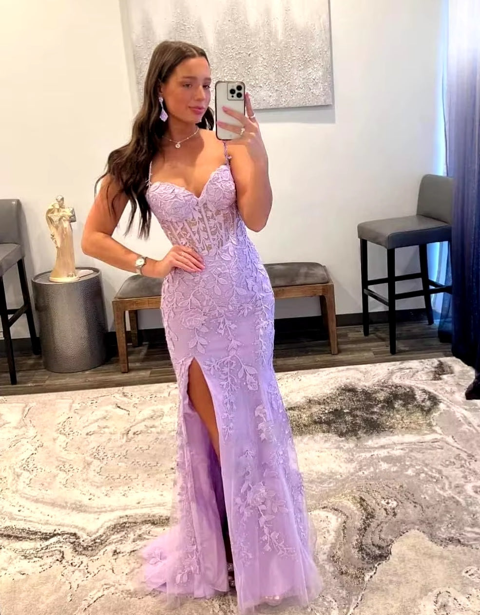 Lilac fitted lace prom dress with slit, spaghettis straps, corset back