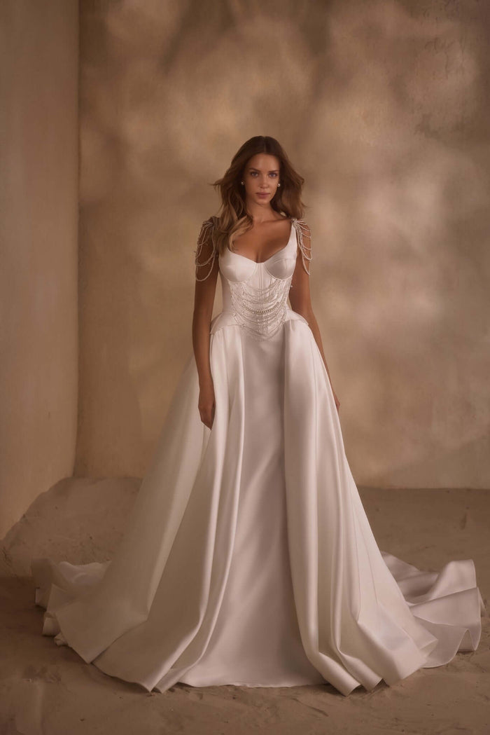 basque wedding gown, simple wedding dresses near me, overskirt wedding style, scoop neckline wedding dress, sweetheart wedding dress, wedding dress