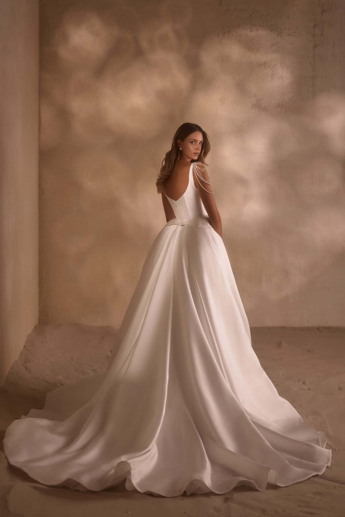 scoop back wedding dress, corset top wedding dress, satin wedding dress, silk wedding dress near me, wedding dress