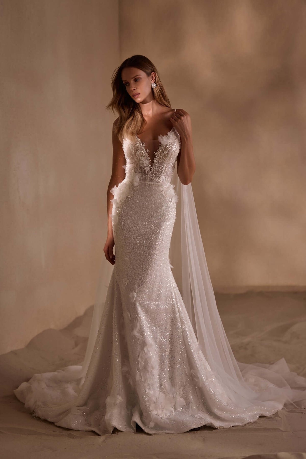 deep v neck wedding dress, sparkle wedding dress, fit and flare wedding dress, beaded wedding dress