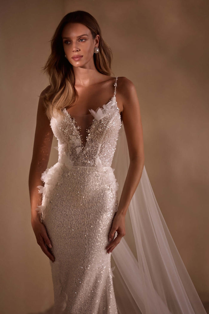floral lace wedding dress, sparkle fabric wedding dress, wedding dress with wings, deep v-neck wedding dress, pearl wedding dress