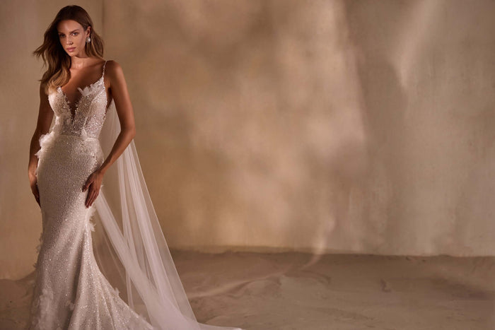 spaghetti strap wedding dress, thin strap wedding dress, pearl strap wedding dress, crystal top wedding dress, flowy wedding dress