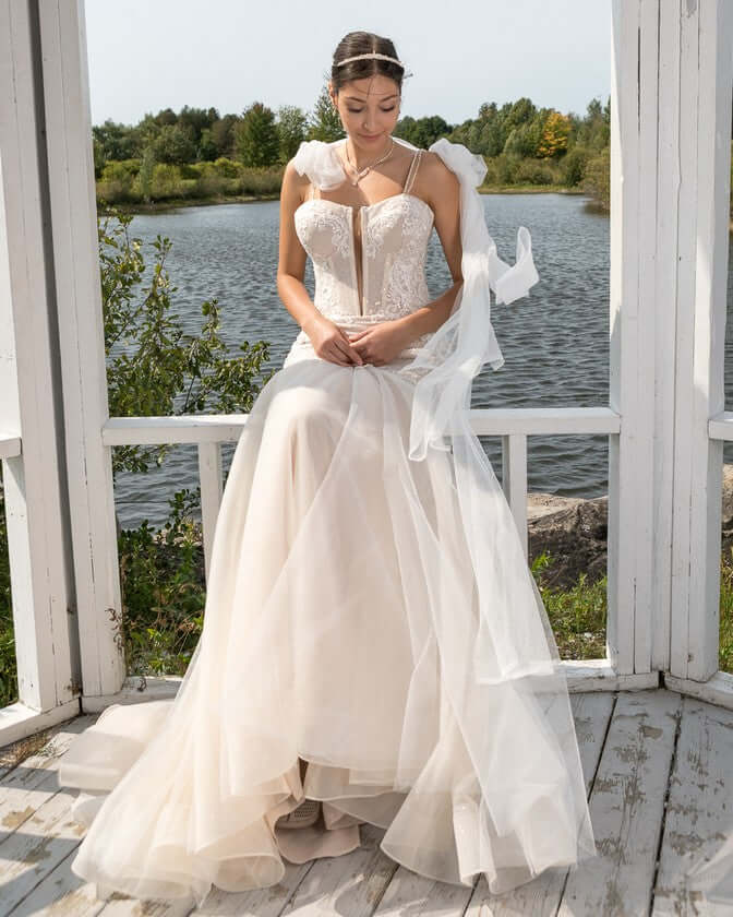 tulle fit and flare wedding dress, wedding dress with lace, lace wedding dress