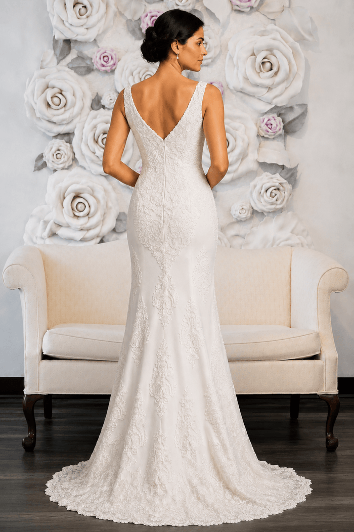 Monny - Sheath Lace Wedding Dress - Size 10, off-white lace dress with V neckline, shown from the back.