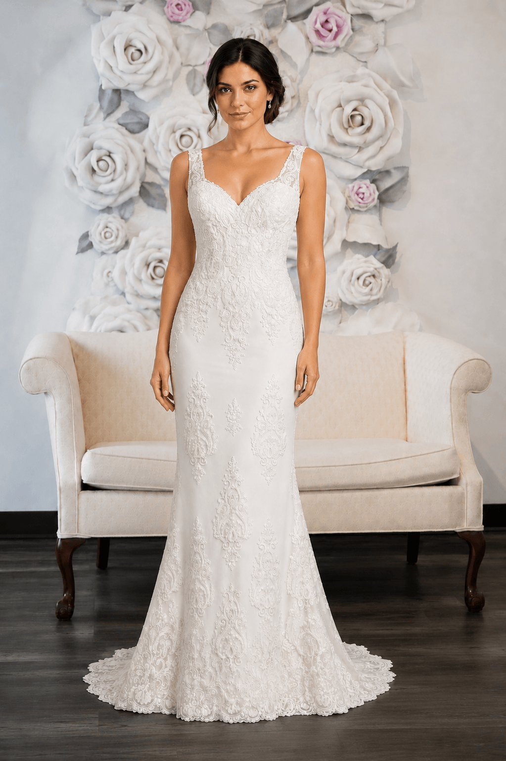 Monny - Sheath Lace Wedding Dress - Size 10 on model, V neckline in off-white, featured in SAMPLE sale.