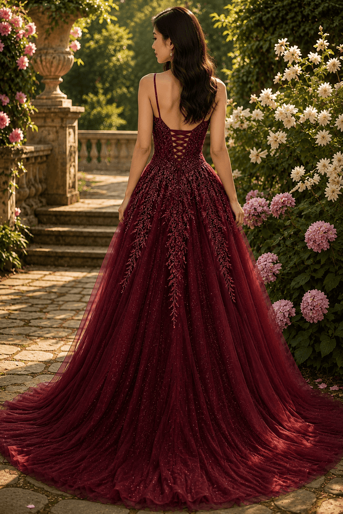 PDL03 - Aline Tulle and Lace Prom dress with Basque Waist and Corset Back, showcasing the back in burgundy color.