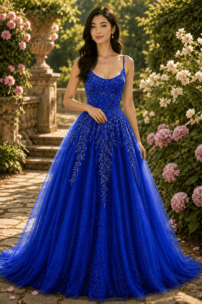 PDL03 - Aline Tulle and Lace Prom dress with Basque Waist and Corset Back in Royal Blue, featuring a V neckline and slit.