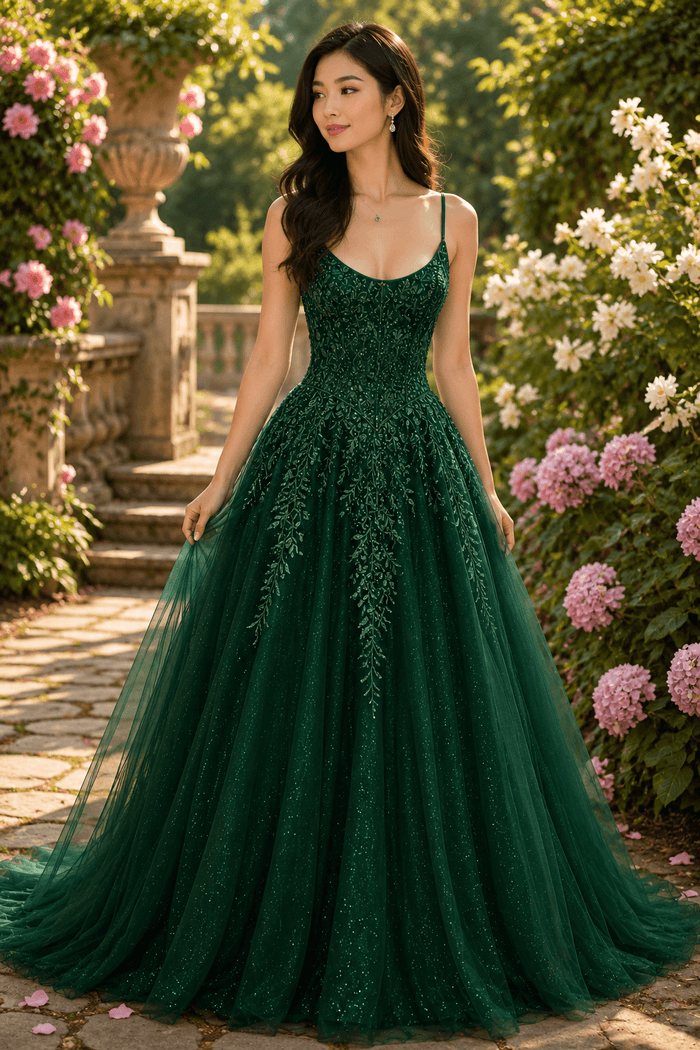 PDL03 - Aline Tulle and Lace Prom dress with Basque Waist and Corset Back in green, showcasing elegant design in a floral garden.