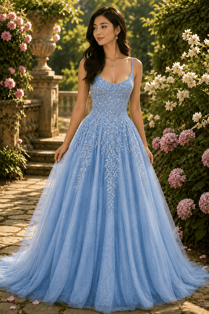 PDL03 - Aline Tulle and Lace Prom dress with Basque Waist and Corset Back in baby blue color