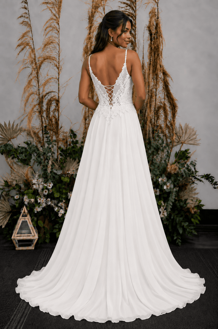 Petra - Aline Wedding Dress with Corset Back - Size 6 featuring a delicate back view with a corset tie and flowing skirt.