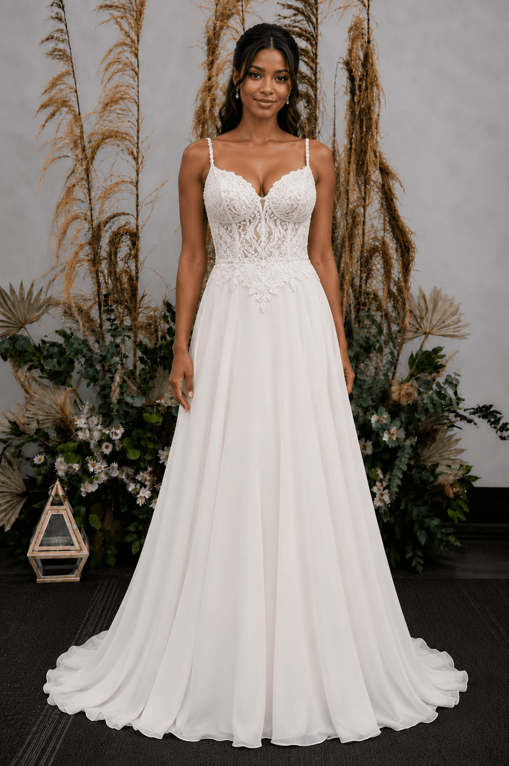 Petra - Aline Wedding Dress with Corset Back - Size 6, off-white gown with sweetheart neckline and spaghetti straps.