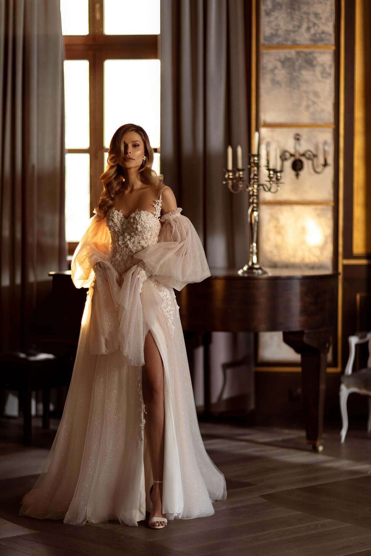 champagne A-line wedding dress, wedding gown with slit, flowy wedding dress, Aline wedding dress
