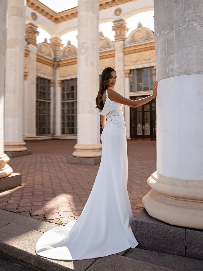Fitted crepe wedding dress with lace, crepe wedding dress, form fitting wedding dress ottawa, 