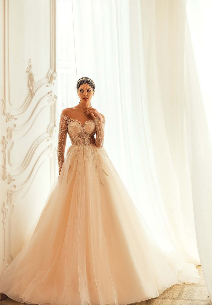 off shoulder wedding dress with shiny bodice details, lace wedding dress