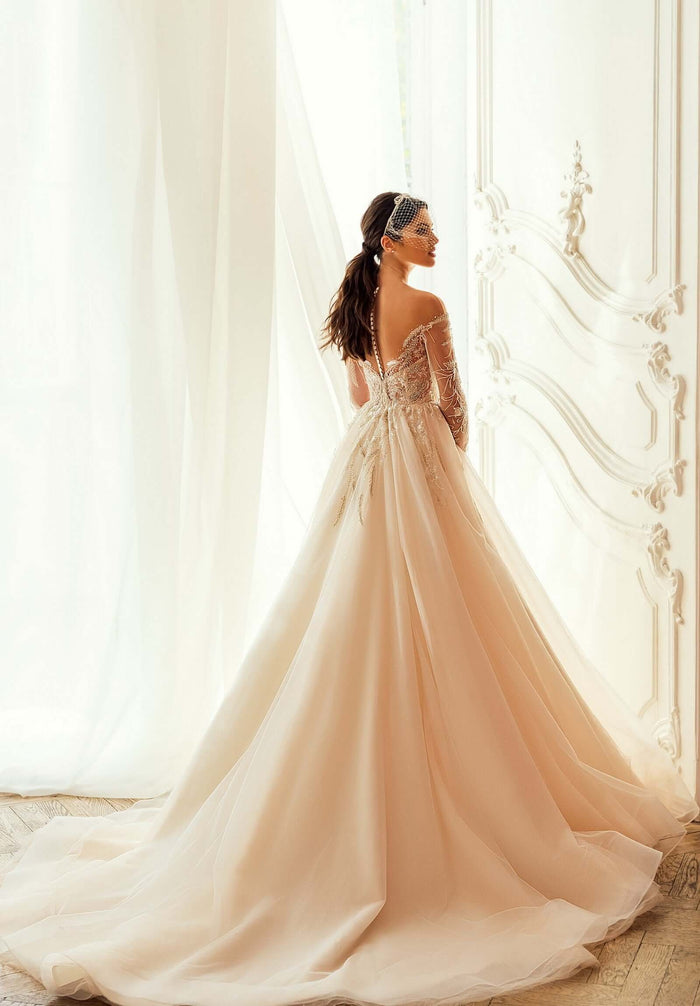 ballgown wedding dress with a long train,  lace wedding dress
