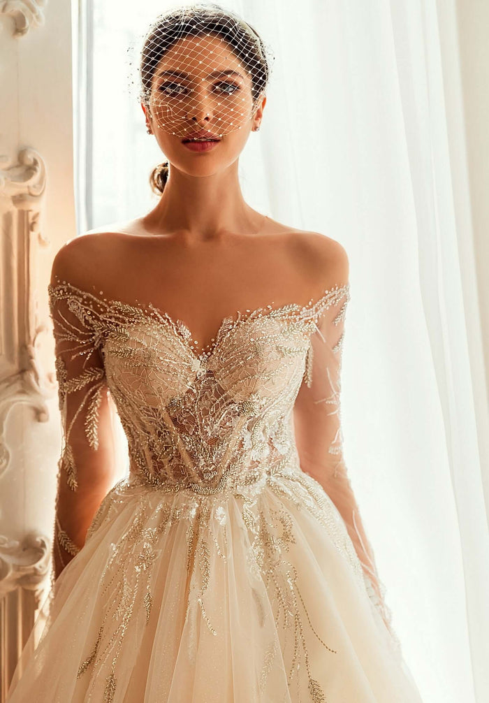 wedding dress with sparkling details, light champagne color, lace wedding dress