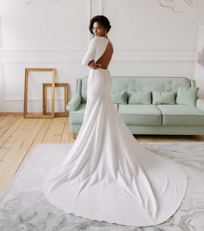 Stella - Crepe Fitted Wedding Dress - Size 6, elegant mermaid style with low back and cathedral train.