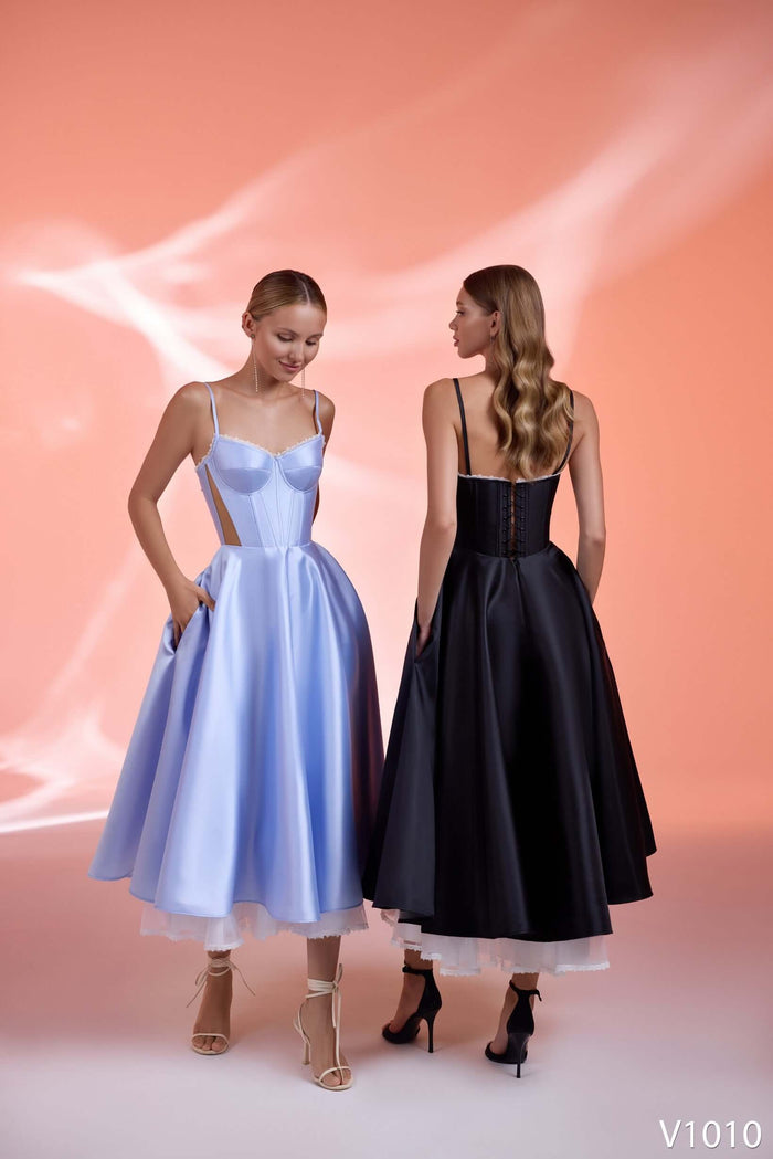 mid length prom dress, mid length evening dress, satin prom dress, satin corset prom dress