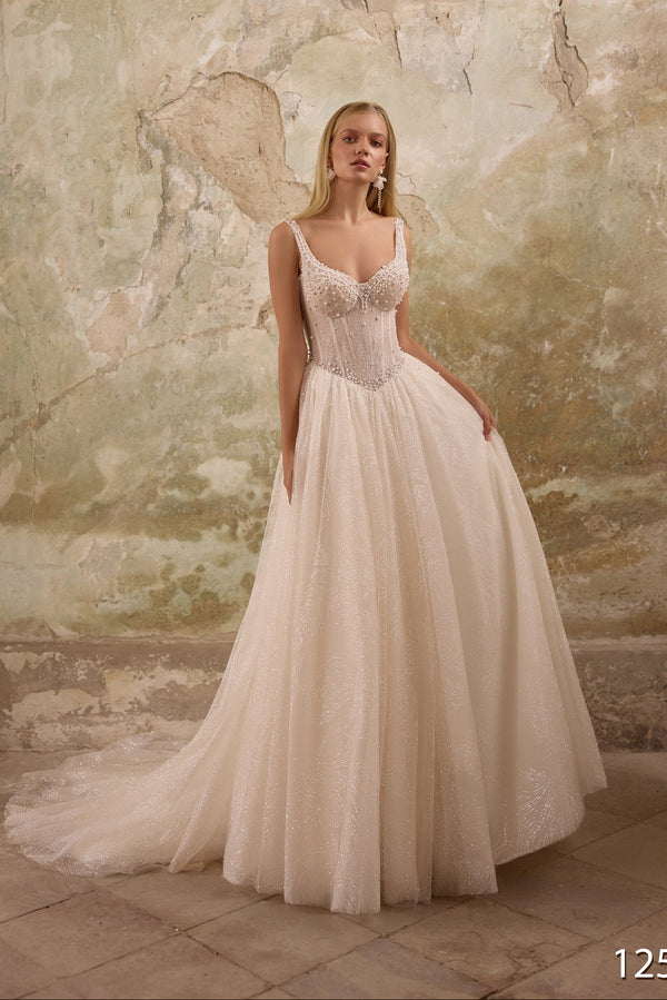 sparkling wedding dress, basque aist,aline wedding dress, long train, dress with straps, low back