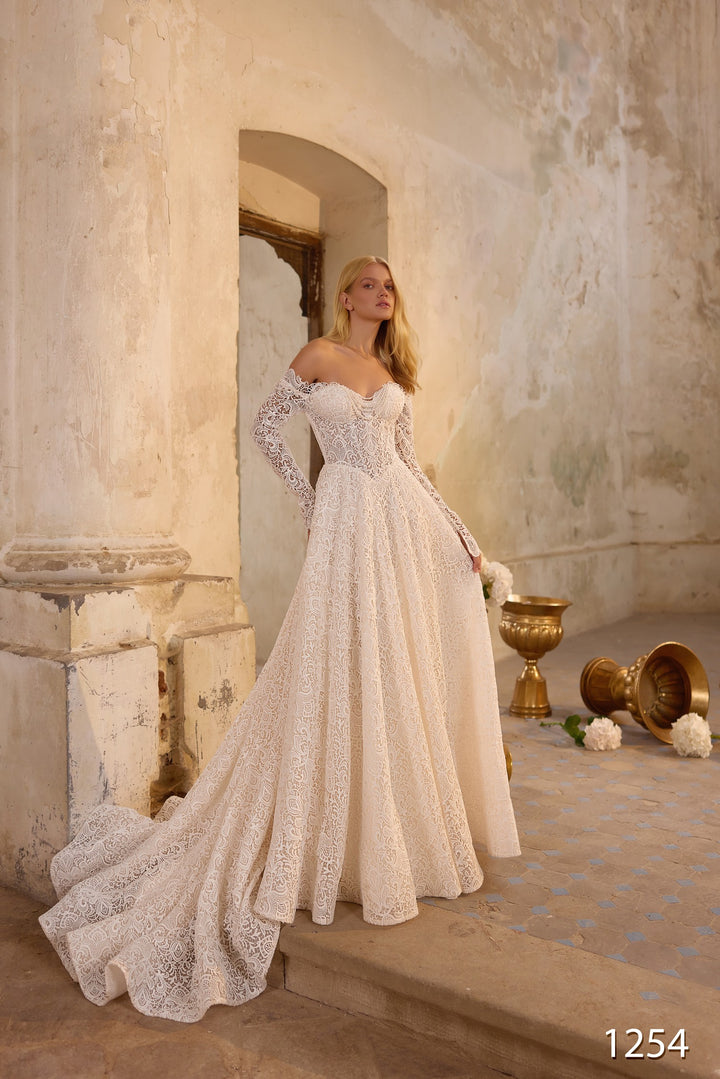 aline wedding dress, basque waist, off shoulder long sleeves, lace wedding dress