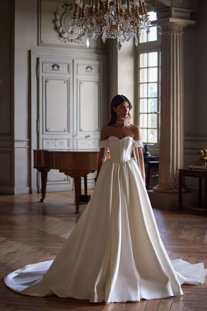 satin corset wedding dress,  canadian bridal dresses, basque waist