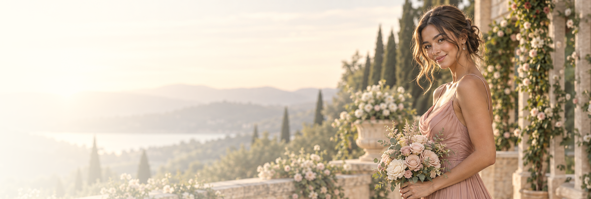 Bridesmaid wearing an elegant blush dress from an Ottawa bridal boutique