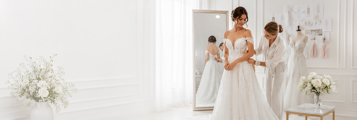 Bride having a custom wedding dress fitted at an Ottawa bridal boutique