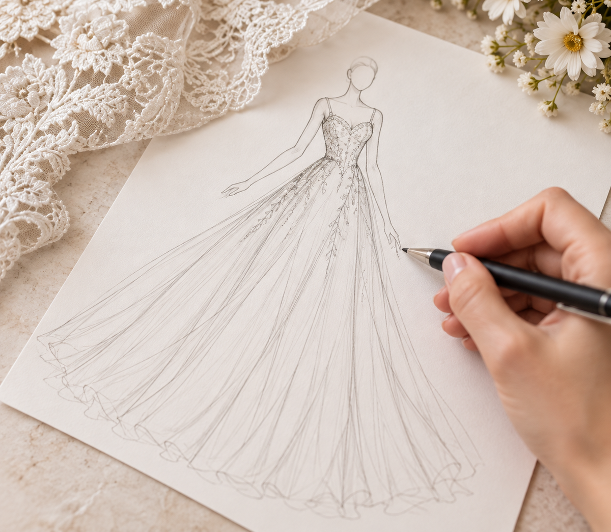 Custom wedding dress design sketch created for a bridal gown in Ottawa