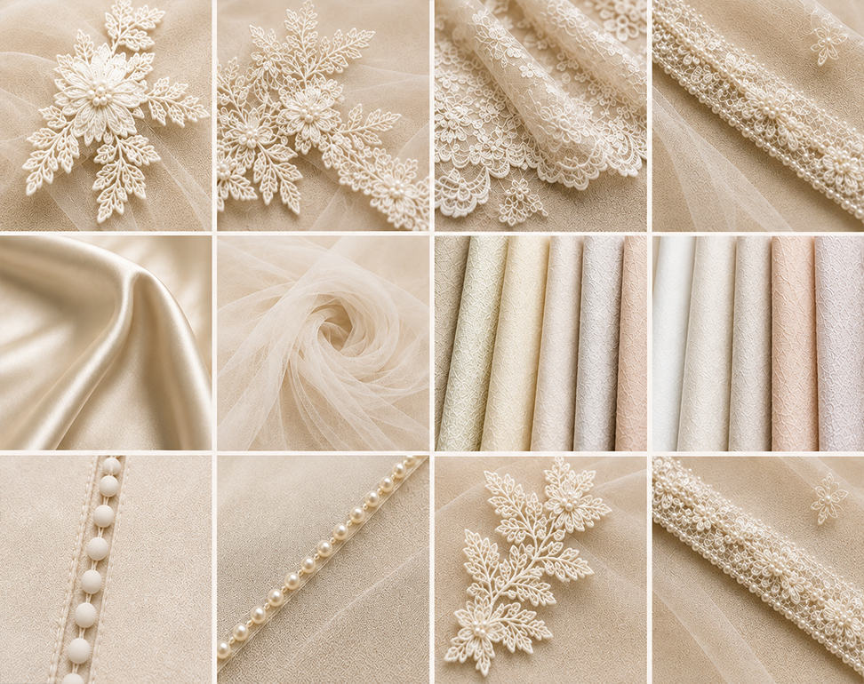 Wedding dress fabric selection featuring lace, tulle, satin and bridal trims for a custom gown