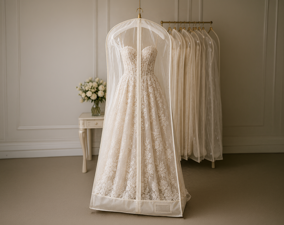 Custom wedding dress prepared in a garment bag after final bridal quality inspection